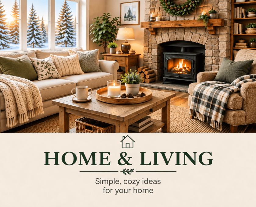 Cozy northern living room with a wood stove, warm blankets, houseplants, and snowy evergreens outside.