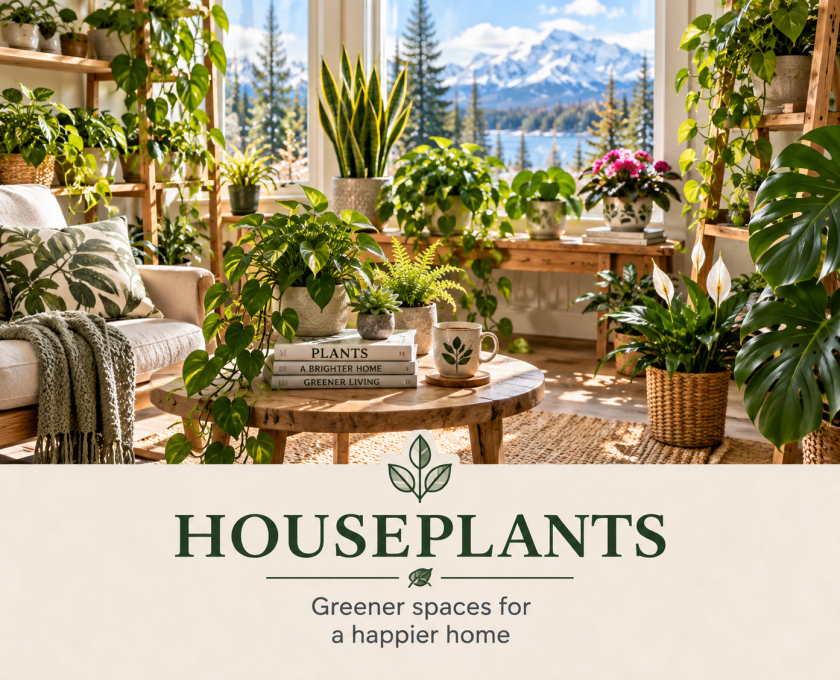 Bright indoor space filled with houseplants overlooking a snowy northern mountain landscape.