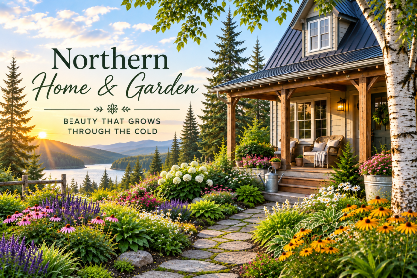 Northern home and garden surrounded by colorful perennial flowers, birch trees, evergreens, and a mountain lake.