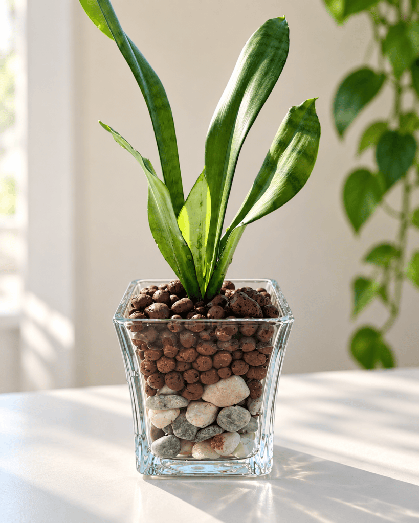 Young snake plant growing in a clear glass container filled with LECA and decorative stones.