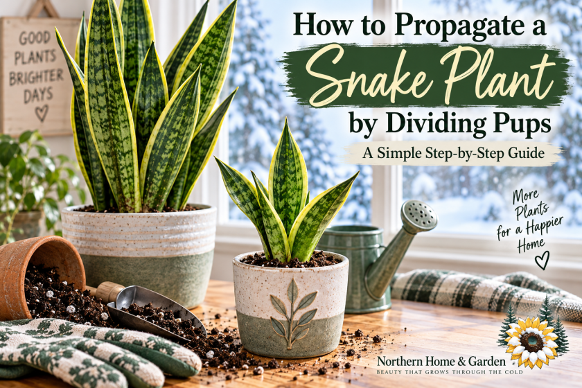 Snake plant and newly divided pup on an indoor potting table with gardening tools and a snowy winter view.