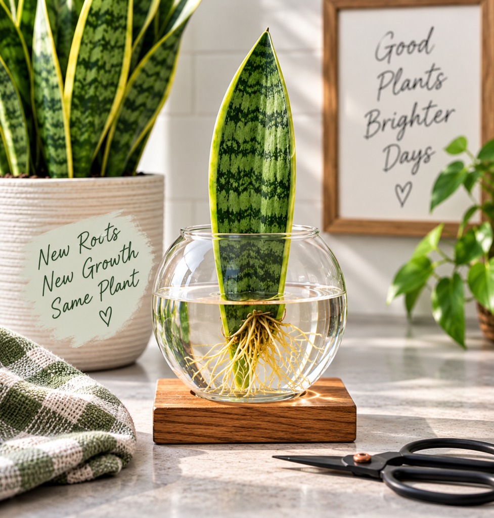 Snake plant leaf cutting growing roots in water in a clear glass propagation vessel.