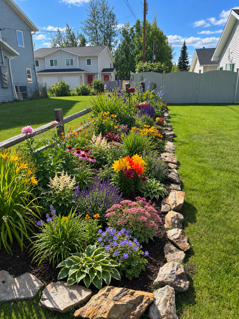 Colorful perennial garden in summer with lilies, coneflowers, hostas, sedum, and other hardy flowering plants.