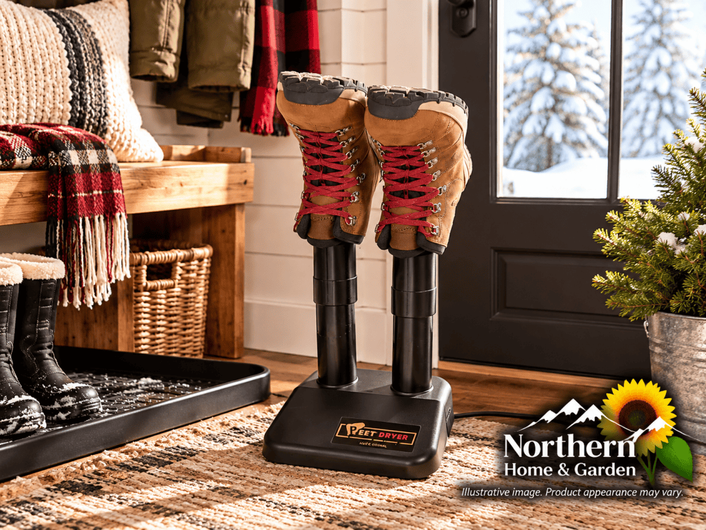 PEET Original Boot Dryer holding a pair of brown winter boots with red laces in a cozy mudroom with a wooden bench and snowy outdoor view.