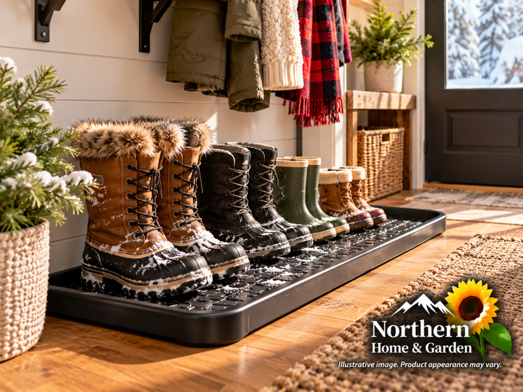 Extra-long black boot tray holding several pairs of snowy winter boots in a cozy farmhouse entryway with wooden floors, hanging coats, and a view of snow-covered trees.