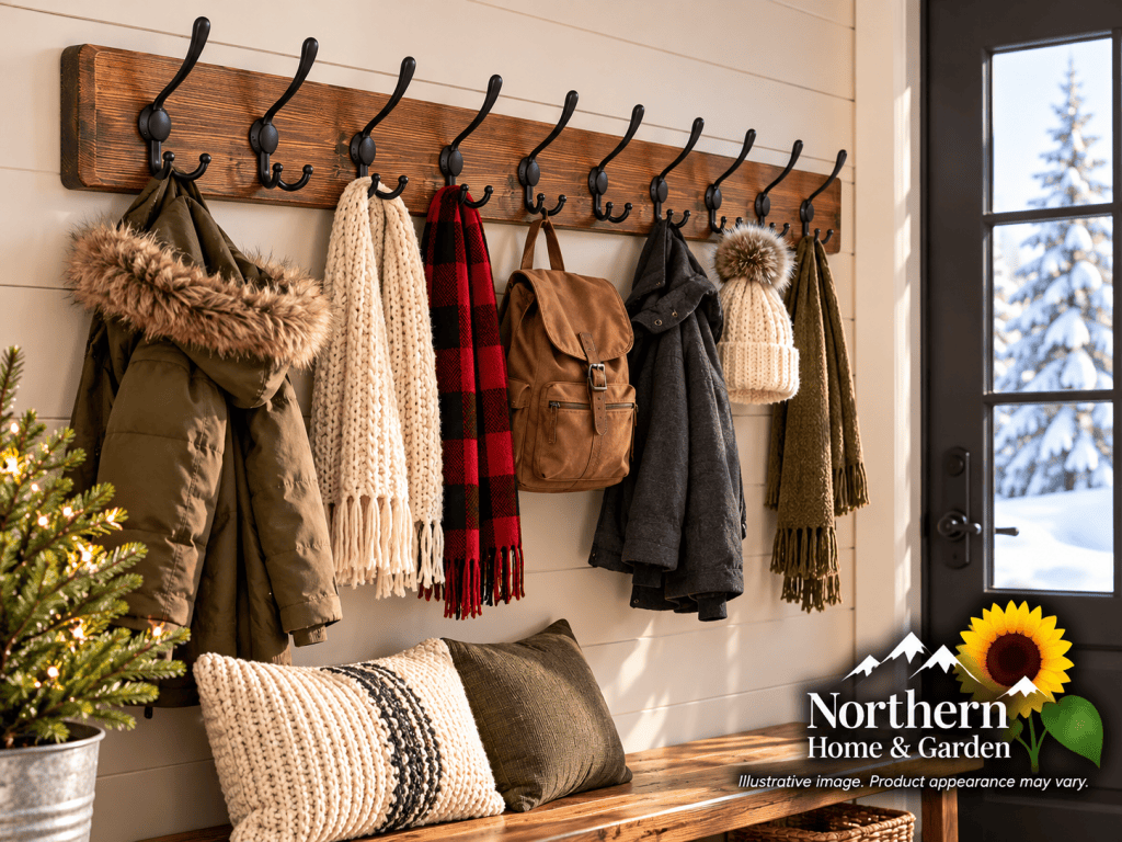 Rustic wooden wall-mounted coat rack with black metal hooks holding winter coats, scarves, a knit hat, and backpack above a wooden entryway bench.