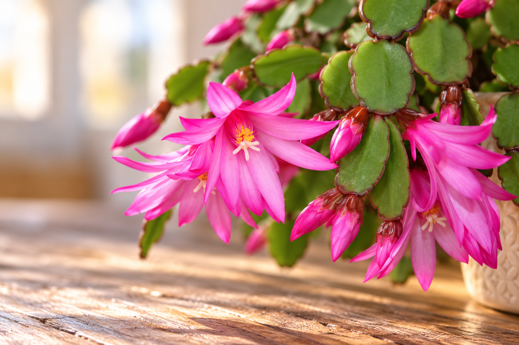 Bright pink Easter cactus flowers and buds surrounded by rounded green leaf segments, cascading from a pot on a sunlit wooden table.