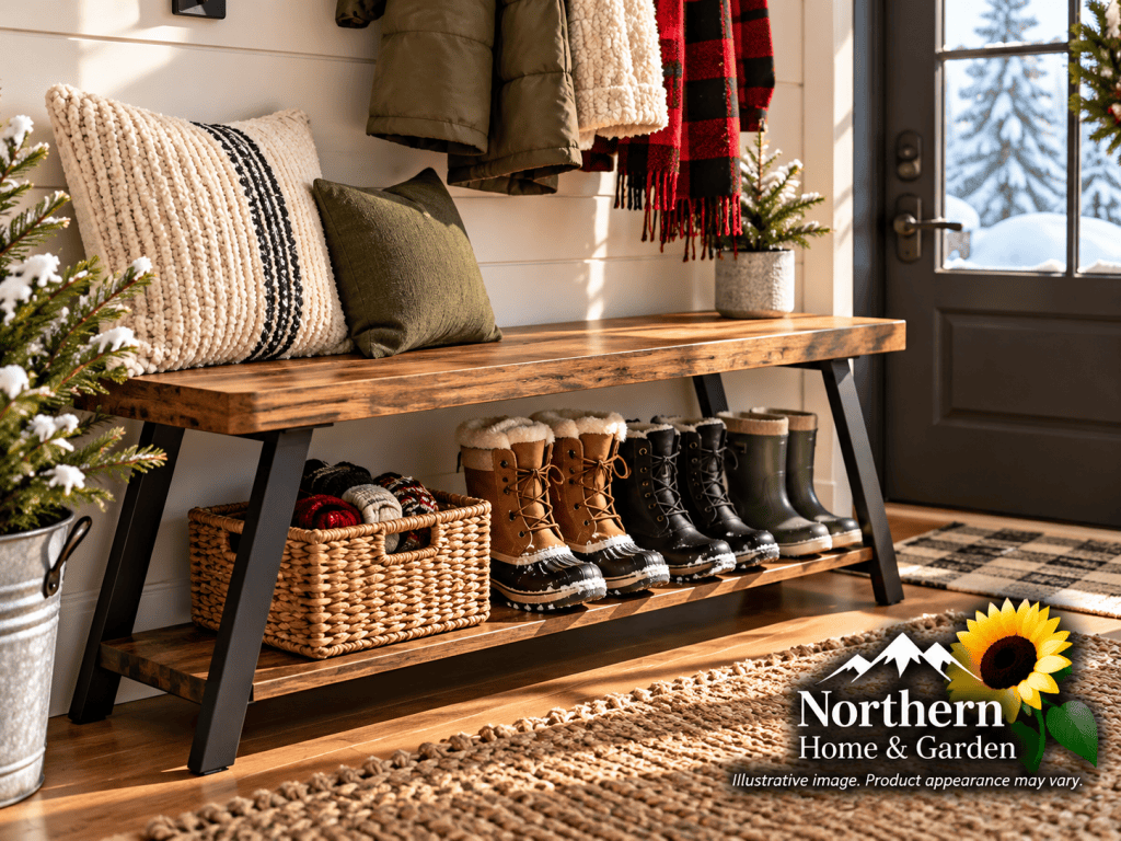 Rustic wooden entryway bench with black metal legs and a lower storage shelf holding winter boots and a woven basket in a cozy, snow-covered northern home.