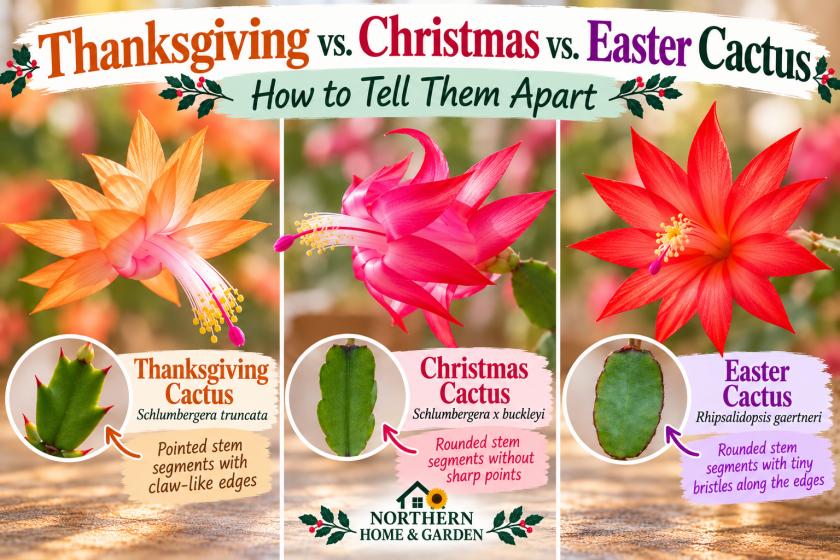 Comparison of Thanksgiving, Christmas, and Easter cactus flowers with close-ups showing their different stem shapes, including pointed, rounded, and finely bristled edges.