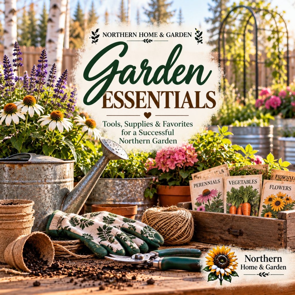 Garden Essentials graphic for Northern Home & Garden featuring gardening gloves, pruning shears, watering cans, seed packets, colorful flowers, and a sunny northern garden with raised beds and birch trees.