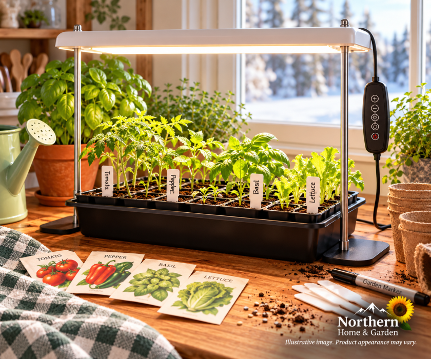 Adjustable LED grow light stand illuminating tomato, pepper, basil, and lettuce seedlings in a seed-starting tray on a wooden table, with gardening supplies and a snowy window in the background.