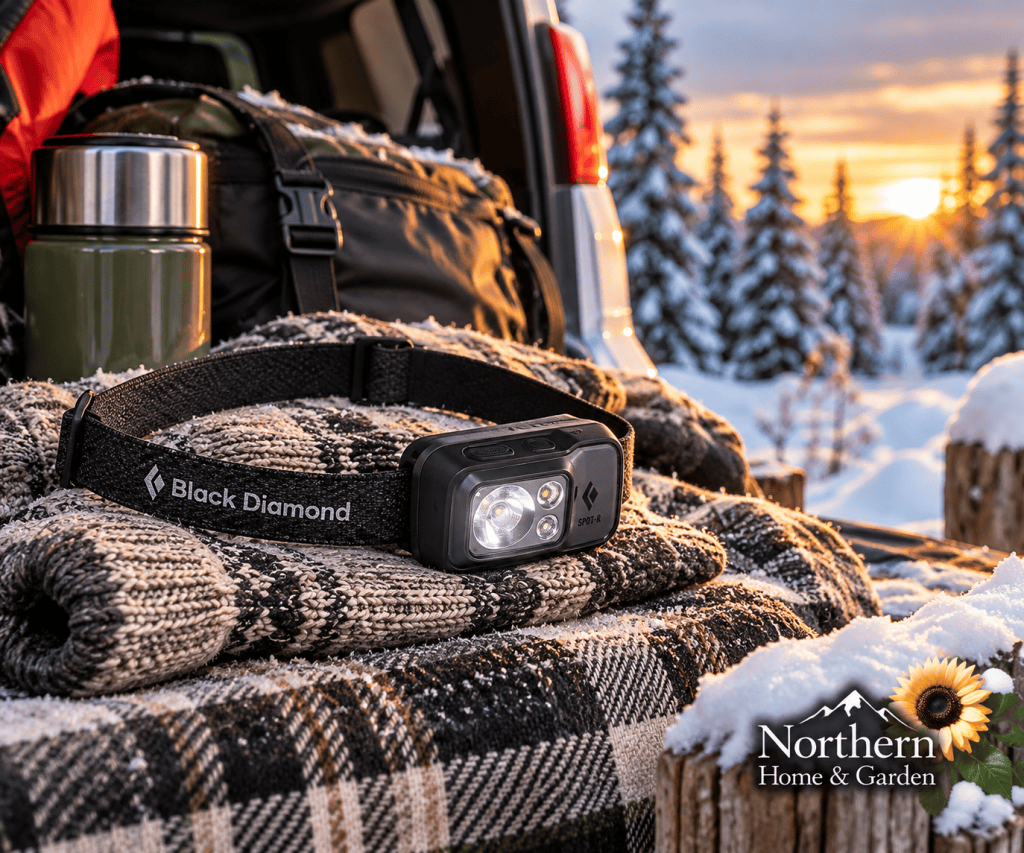 Black rechargeable headlamp resting on winter gloves and a plaid blanket beside a snowy SUV.
