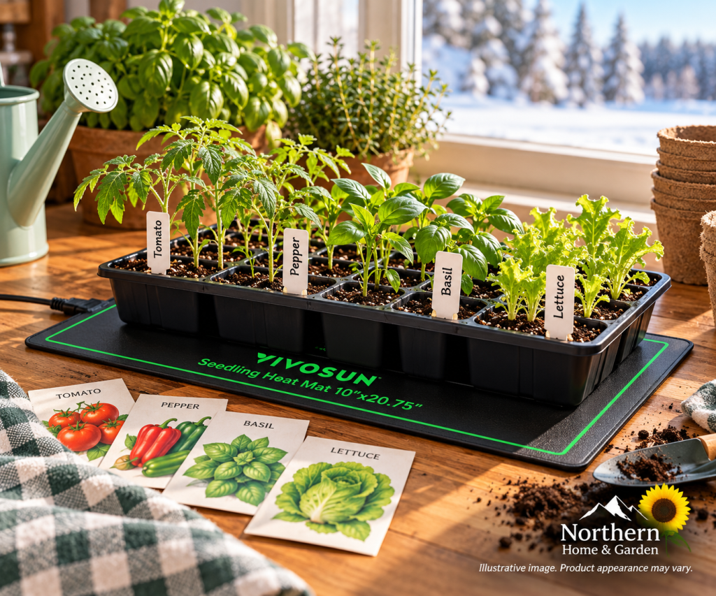 VIVOSUN seedling heat mat beneath a tray of tomato, pepper, basil, and lettuce seedlings on a wooden table, surrounded by gardening supplies with a snowy landscape outside.