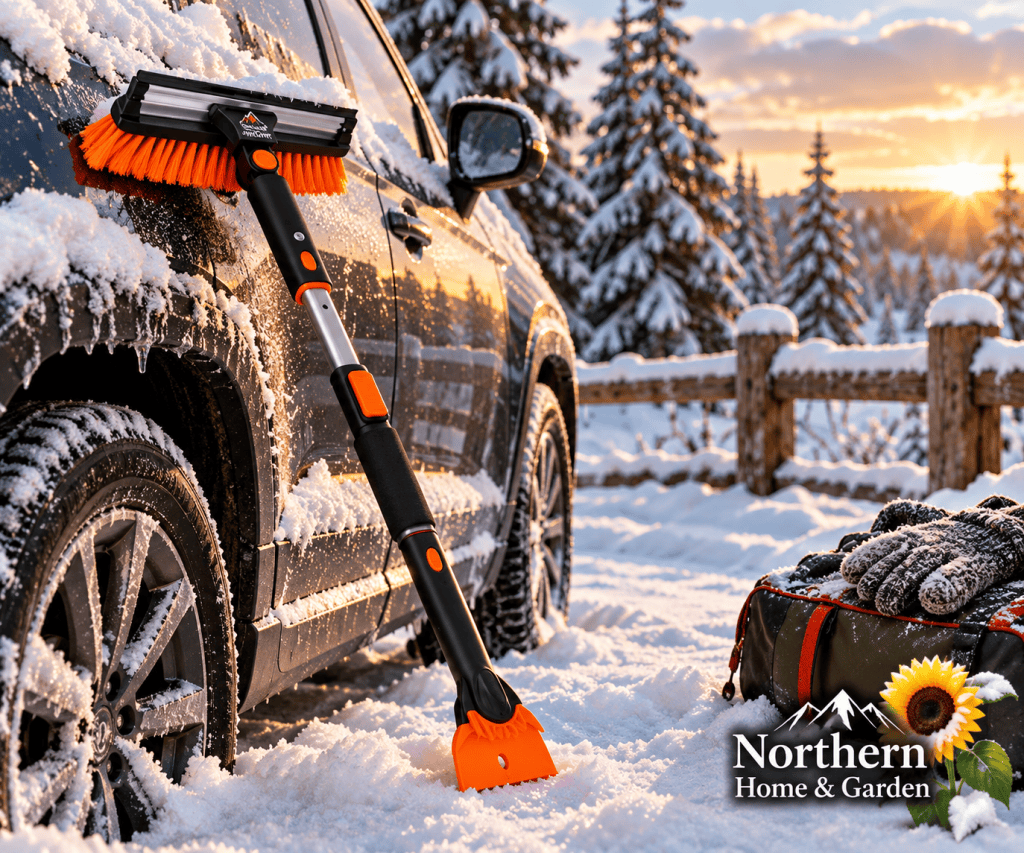 Orange and black extendable snow brush and ice scraper leaning against a snow-covered SUV on a winter morning.