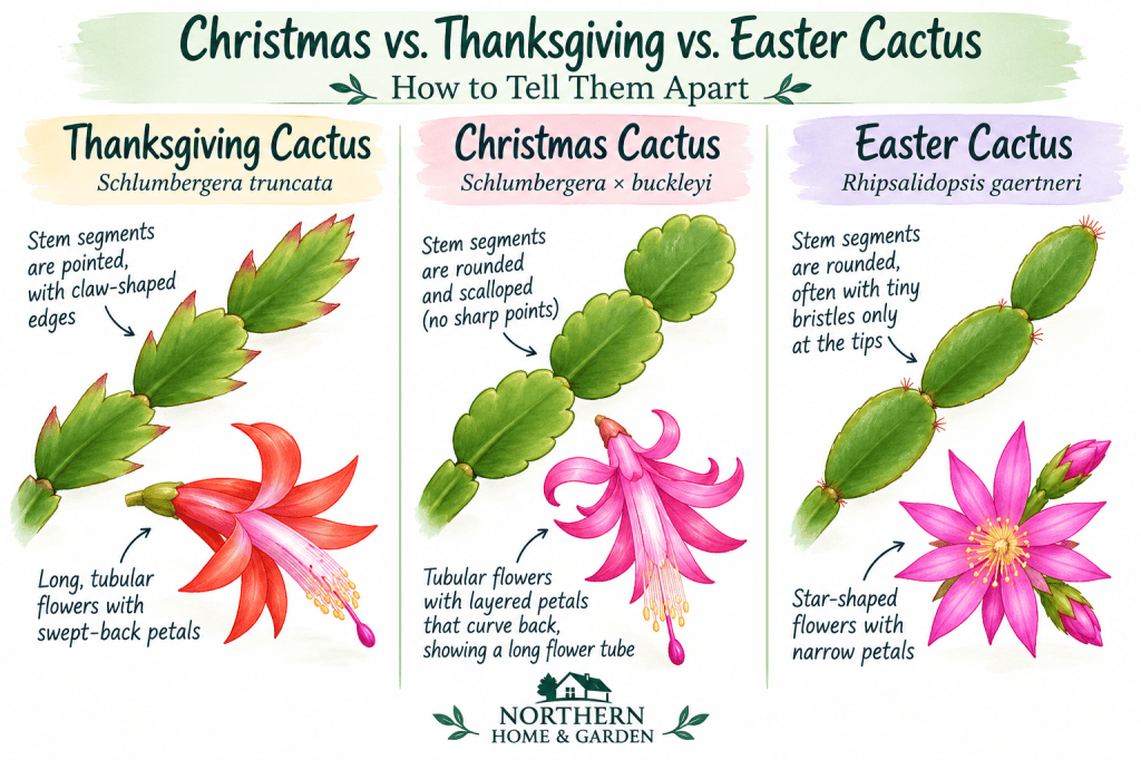 Watercolor comparison of Thanksgiving, Christmas, and Easter cacti showing pointed, rounded, and gently curved stem segments alongside their distinctive flowers.