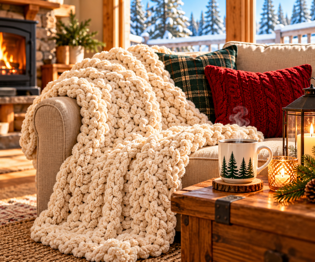 Cream chunky knit throw blanket draped over a cozy sofa with plaid pillows, a warm fireplace, and snow-covered evergreens outside the window.