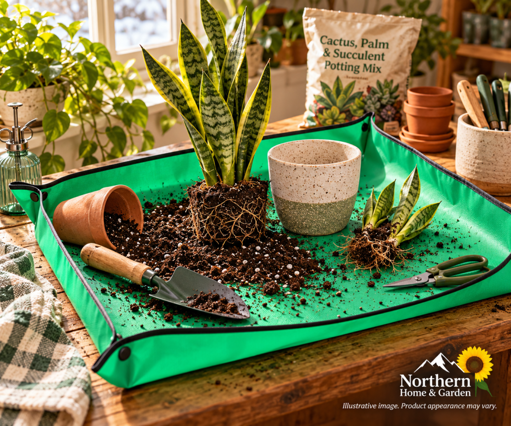 Waterproof green repotting mat with raised edges holding a snake plant, newly divided pups, potting soil, gardening tools, and a ceramic planter on a cozy indoor gardening table.