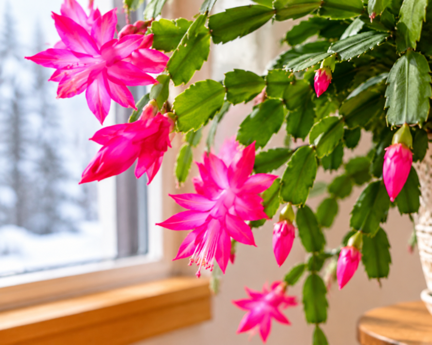 Christmas cactus with vibrant pink flowers and unopened flower buds hanging from green stems beside a sunlit window.