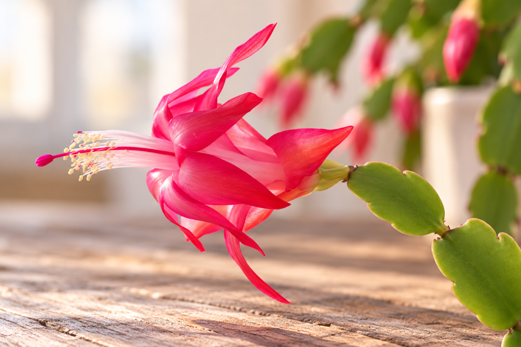 Close-up of a pink Christmas cactus flower with delicate stamens and rounded, scalloped green stem segments against a softly blurred background.