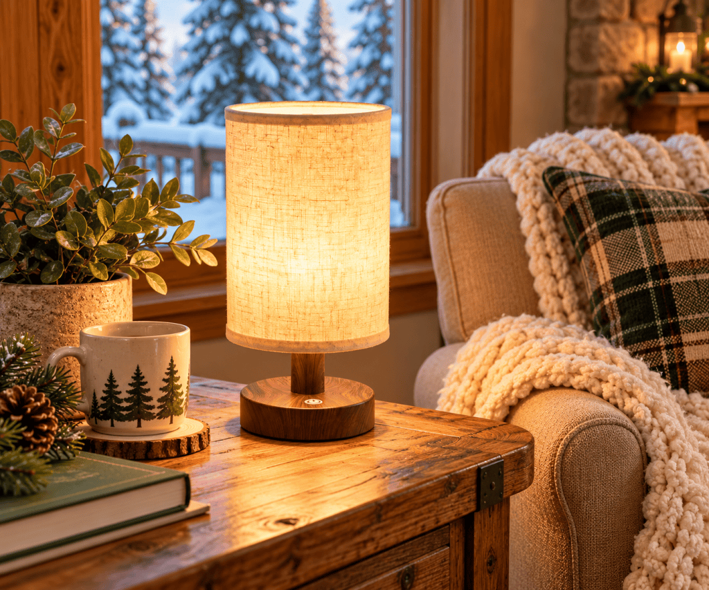 Rechargeable cordless table lamp with a glowing fabric shade and wood-grain base on a rustic side table beside a cozy armchair overlooking snowy evergreens.