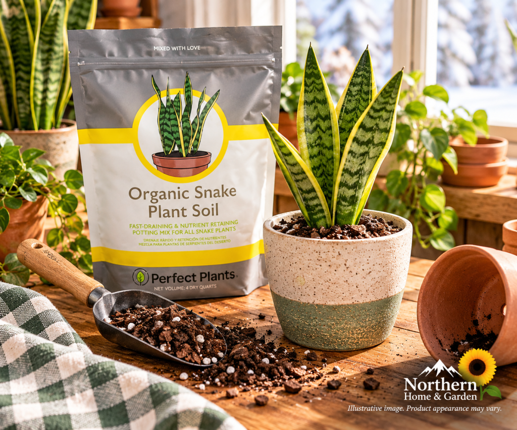 Perfect Plants Organic Snake Plant Soil potting mix beside a freshly potted snake plant in a ceramic planter, with a gardening scoop and loose soil on a cozy wooden table.