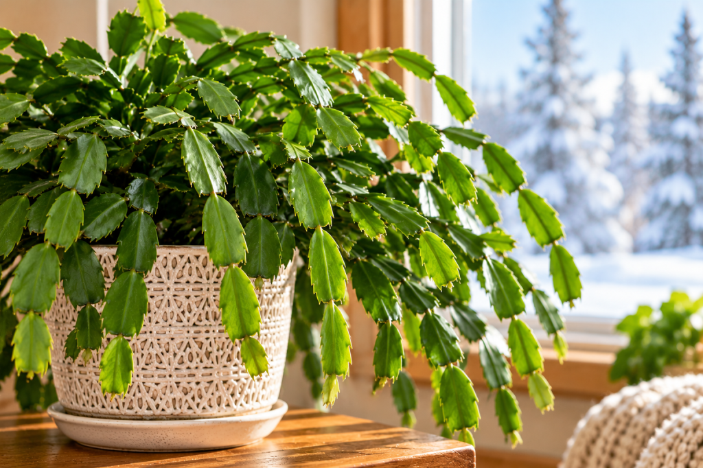 Healthy Christmas cactus with cascading green stems in a decorative cream pot beside a sunny window overlooking a snowy landscape.