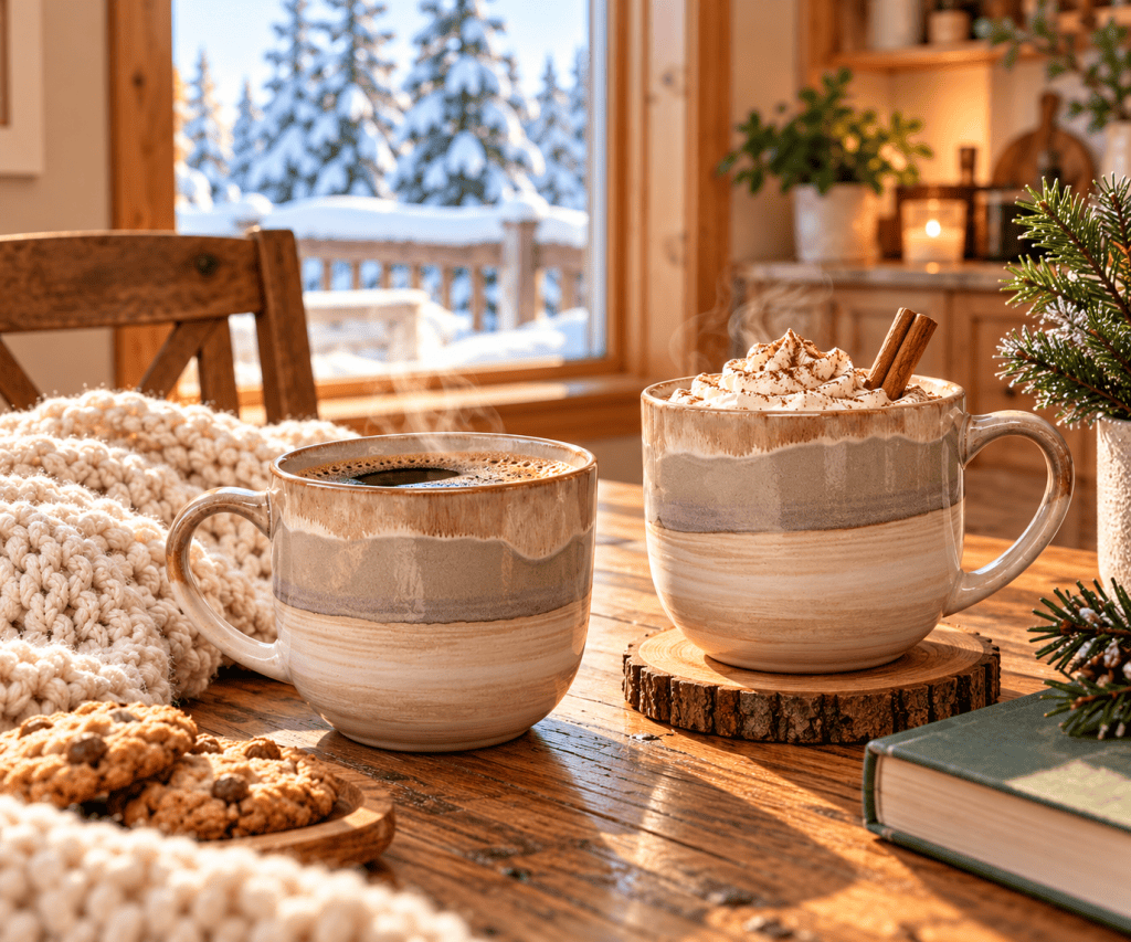 Two large brown and grey ceramic mugs filled with coffee and hot chocolate on a rustic wooden table, surrounded by cozy blankets with snow-covered evergreens outside the window.