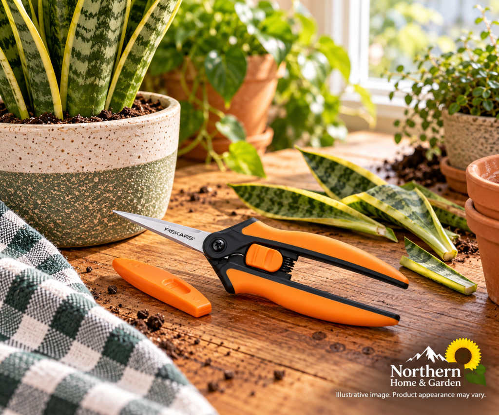 Fiskars Micro-Tip Pruning Scissors with orange and black handles resting on a rustic wooden table beside a potted snake plant, trimmed leaves, and indoor gardening supplies.