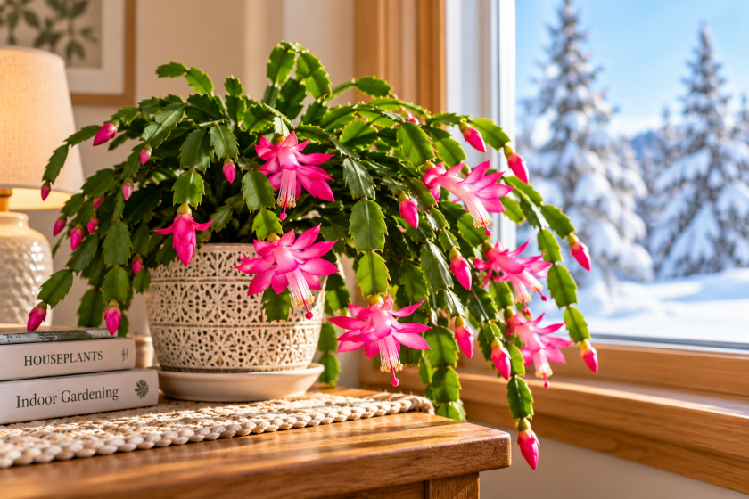 Christmas cactus covered in bright pink flowers and unopened buds beside a sunny window overlooking snow-covered trees.