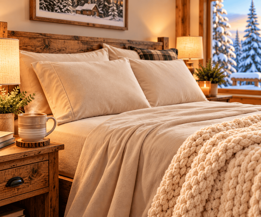 Cozy rustic bedroom with beige flannel sheets, a chunky cream knit blanket, warm bedside lamps, and a ceramic coffee mug, with snow-covered evergreens outside the window.