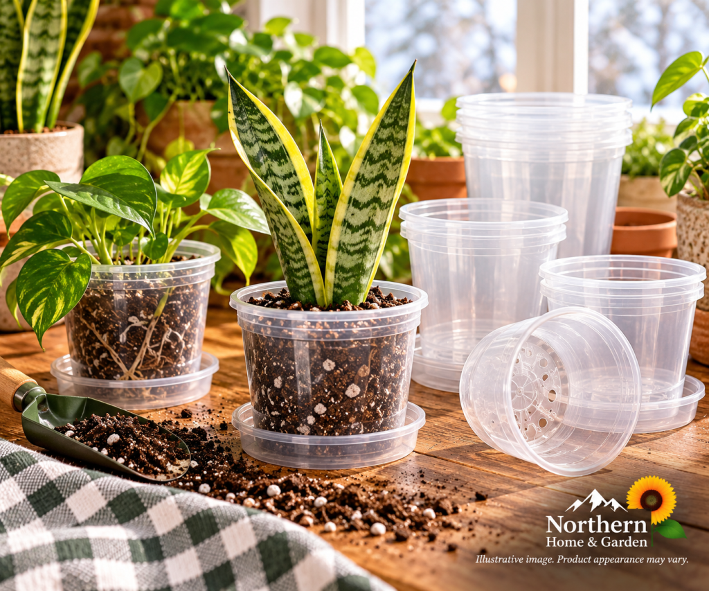 Clear plastic nursery pots with drainage holes and matching saucers, featuring a young snake plant and pothos growing in soil, surrounded by empty planters and gardening supplies on a cozy wooden table.