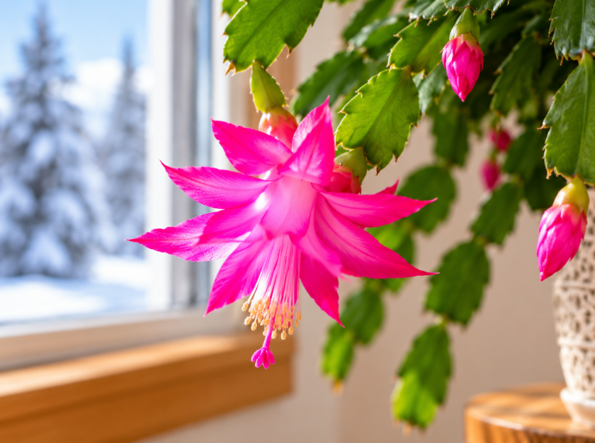Close-up of a vibrant pink Christmas cactus flower with delicate stamens and unopened buds beside a snowy window.