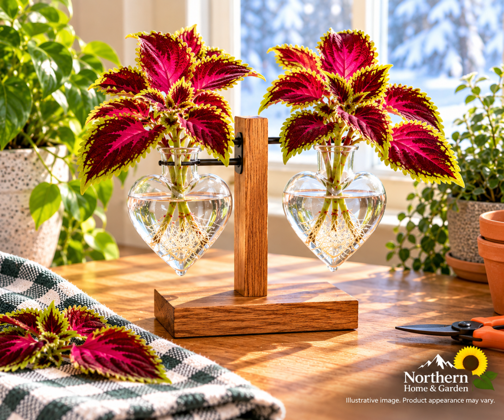 Heart-shaped glass propagation vases on a wooden stand holding colorful coleus cuttings with visible roots, displayed on a sunny windowsill.