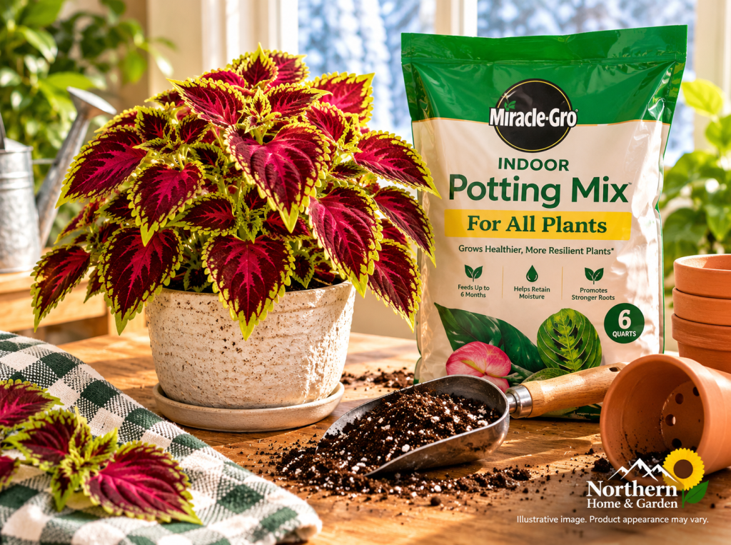 Miracle-Gro Indoor Potting Mix beside a colorful coleus plant in a ceramic pot, with potting soil, a garden scoop, and terracotta pots on a sunny indoor gardening table.