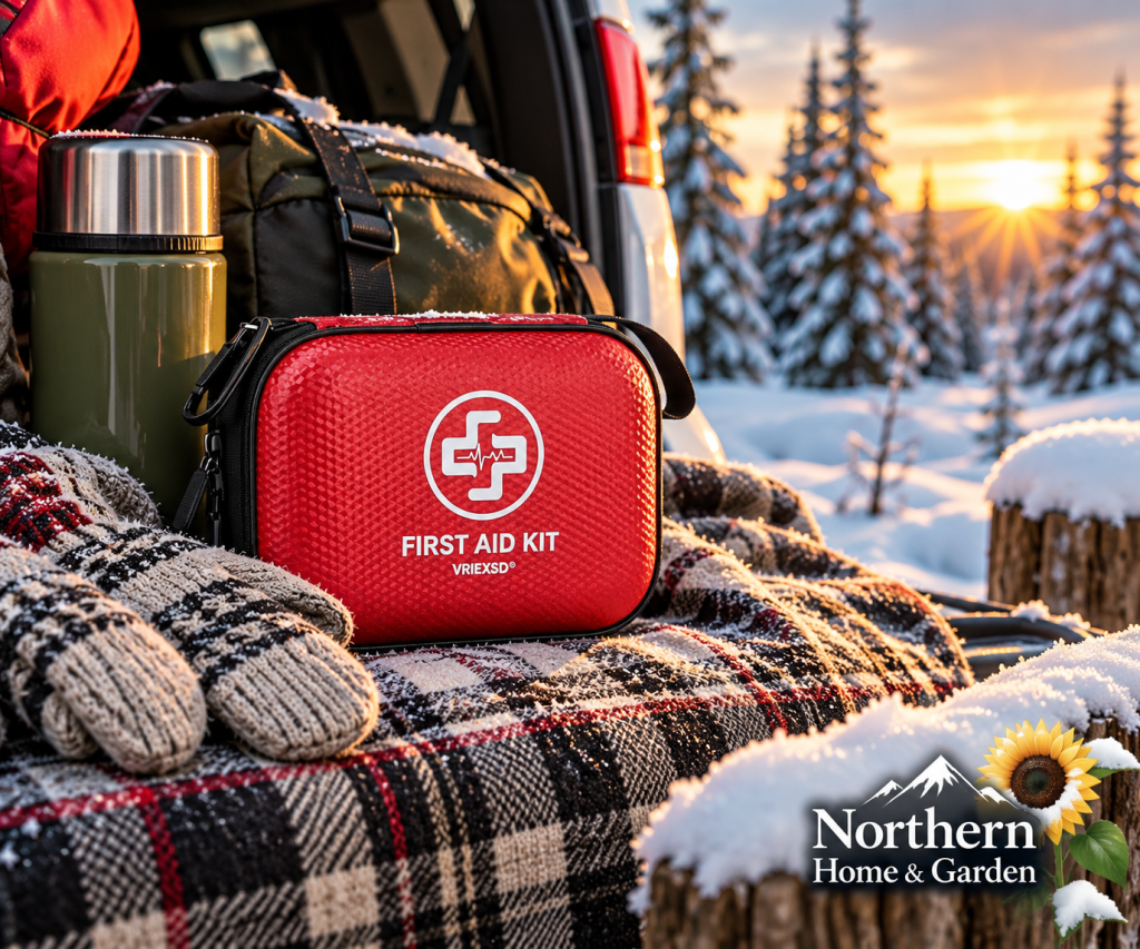 Red first aid kit beside winter emergency supplies in the back of an SUV, with snowy evergreen trees in the background.