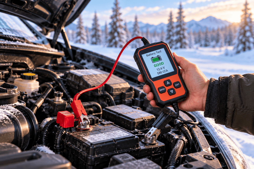 Digital car battery tester checking a vehicle battery in snowy winter conditions.