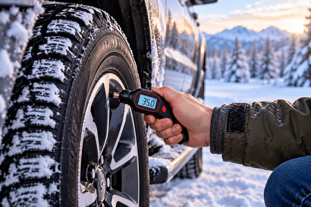 Digital tire pressure gauge checking a snow-covered winter tire in cold weather.