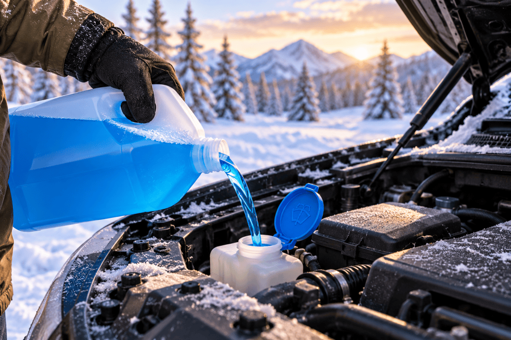 Gloved hand pouring blue winter windshield washer fluid into a vehicle reservoir with a snowy mountain landscape in the background.