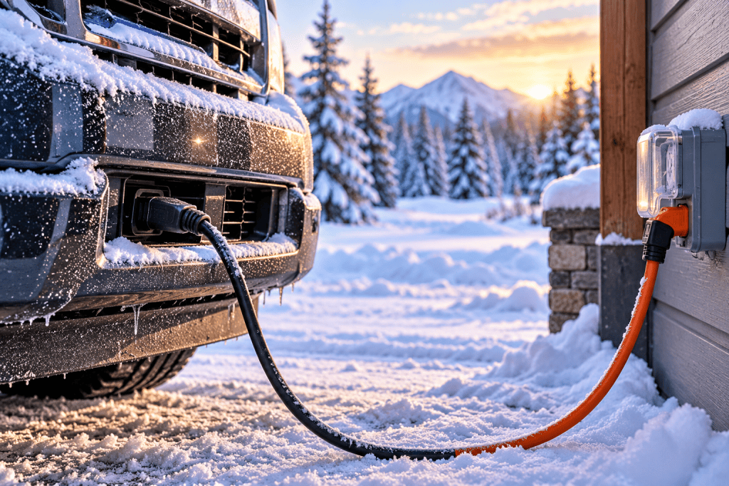 Snow-covered vehicle plugged into a block heater with a heavy-duty outdoor extension cord on a cold winter morning.