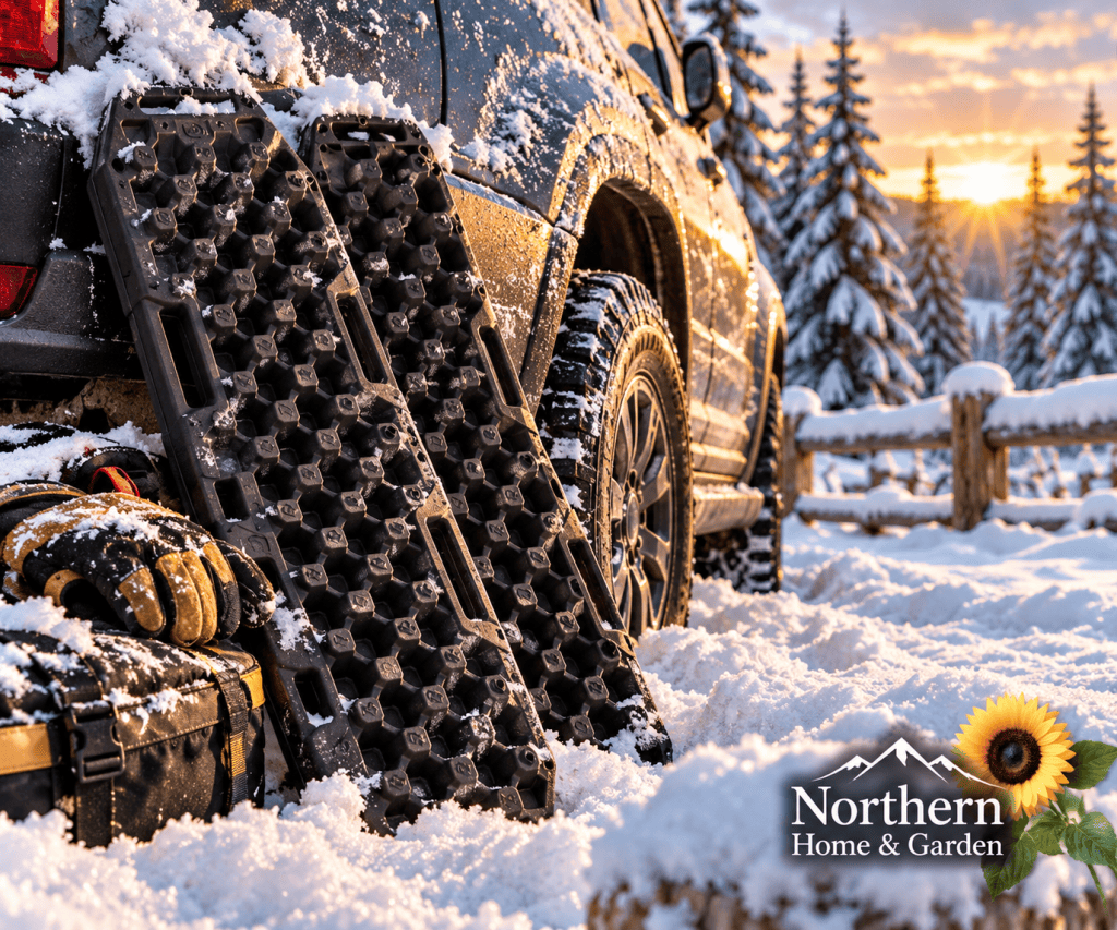 Two black tire traction boards leaning against a snow-covered SUV, surrounded by winter emergency supplies.