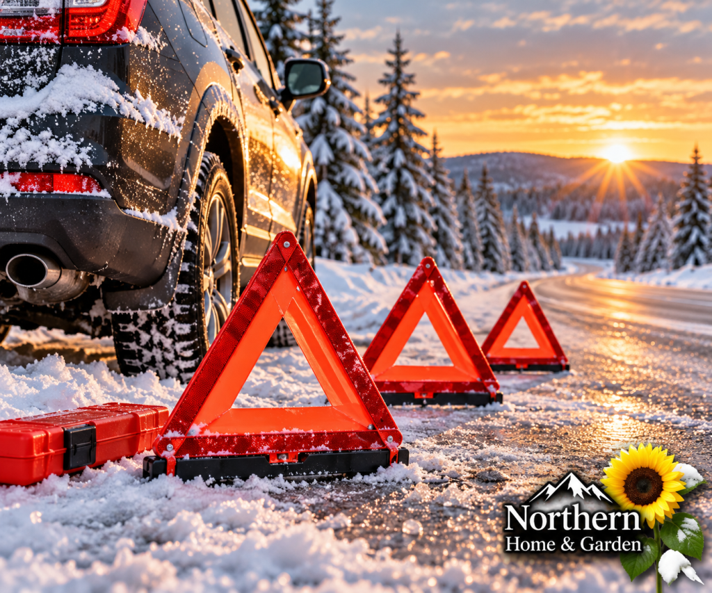 Three red reflective emergency warning triangles placed along a snowy roadside behind a parked SUV.