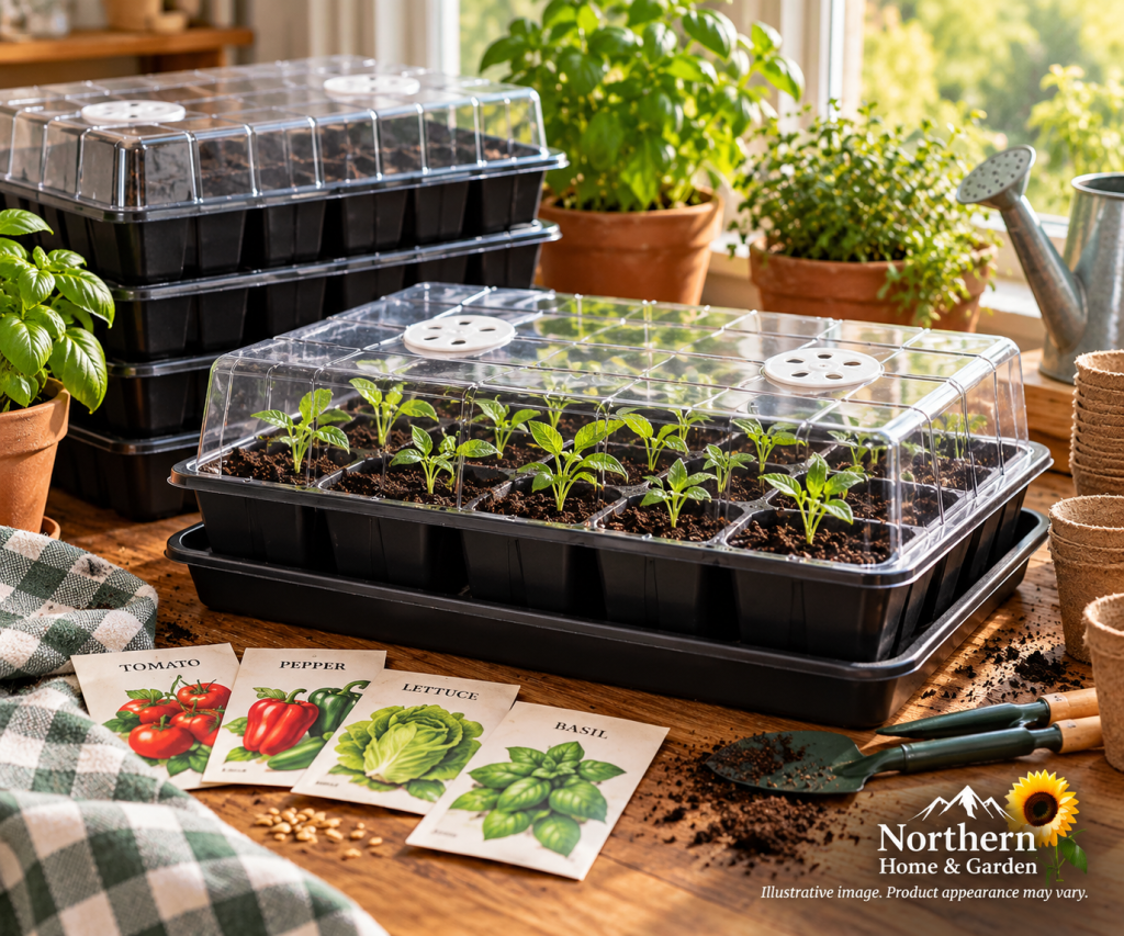 Black seed starting trays with clear humidity domes and young vegetable seedlings on a sunny indoor gardening table, surrounded by seed packets and gardening supplies.