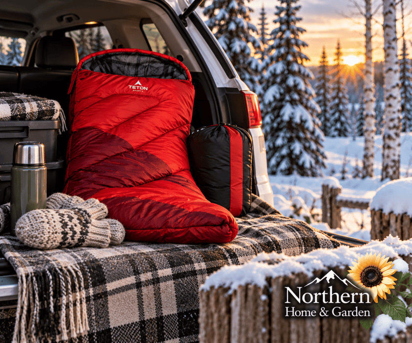 Red insulated sleeping bag in the open cargo area of an SUV, with blankets and snowy trees in the background.