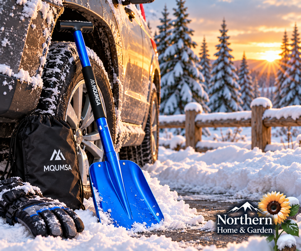 Blue telescopic snow shovel leaning against a snowy SUV tire beside a storage bag and winter gloves.