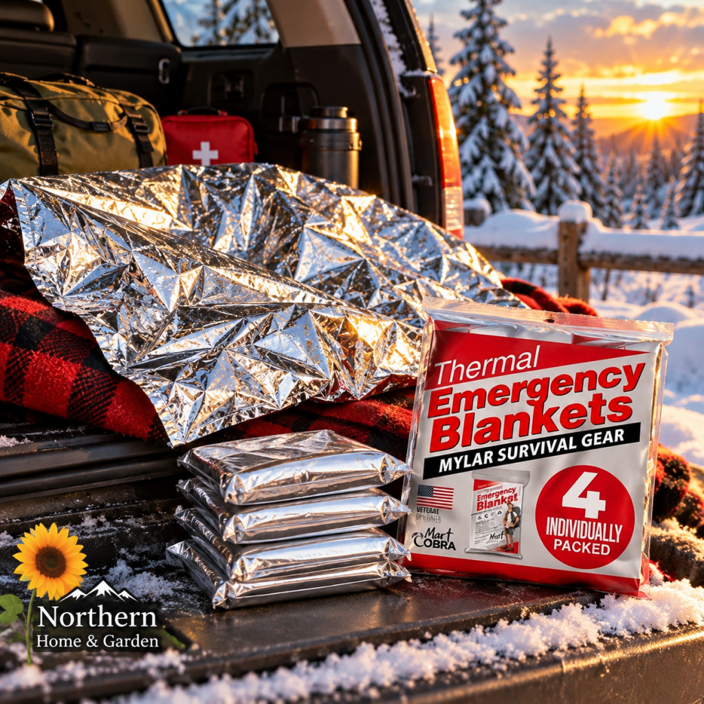 Silver Mylar emergency blanket spread over a plaid blanket in an SUV with four folded thermal blankets nearby.