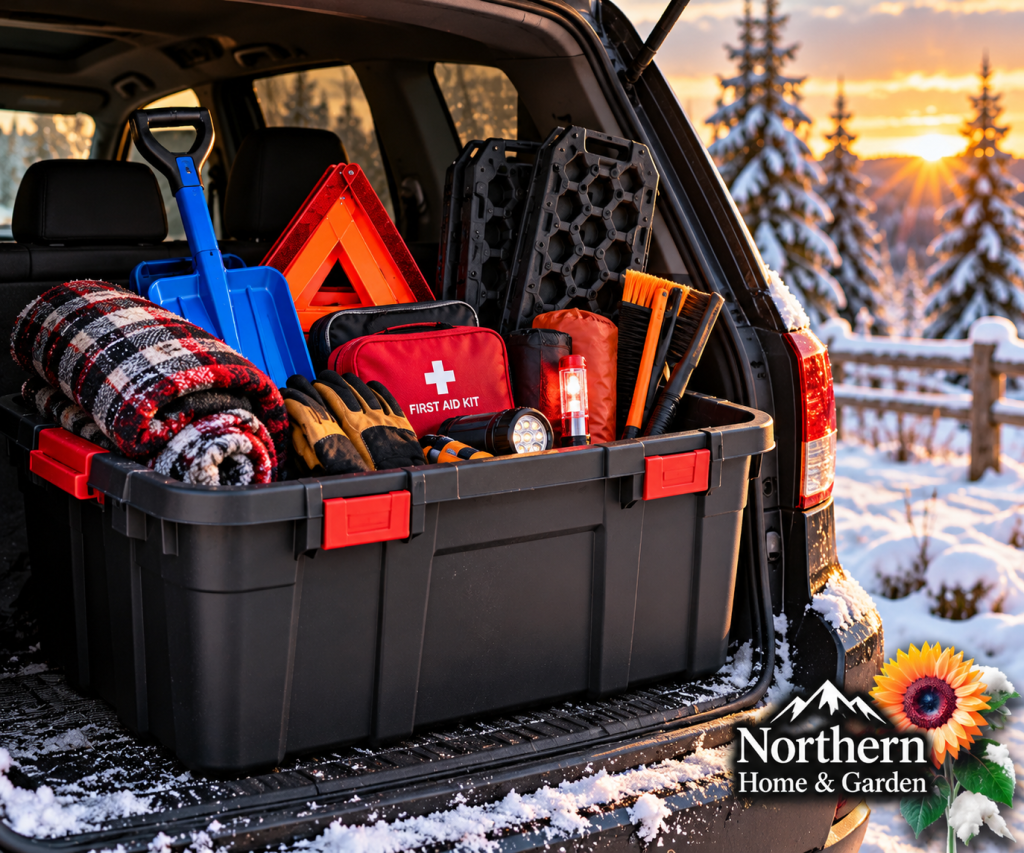 Open storage tote filled with winter emergency supplies in the back of an SUV, including a blanket, shovel, first aid kit, and warning triangle.