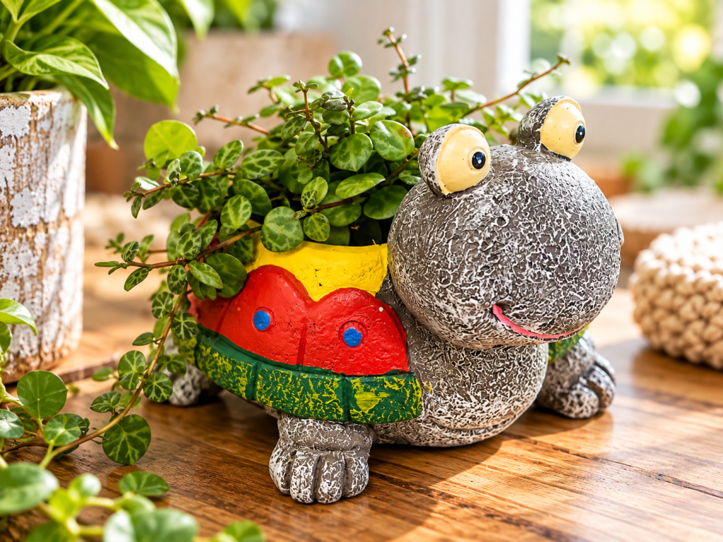 Gray turtle planter with a colorful red, yellow, and green shell, filled with String of Turtles vines on a wooden table in a bright indoor setting.
