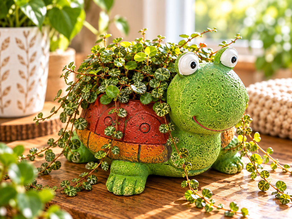 Bright green turtle planter filled with trailing String of Turtles vines, displayed on a wooden table in a sunny indoor setting.