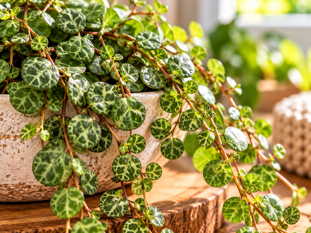 Close-up of String of Turtles houseplant showing small, round green leaves with intricate turtle-shell patterns cascading from a ceramic planter.