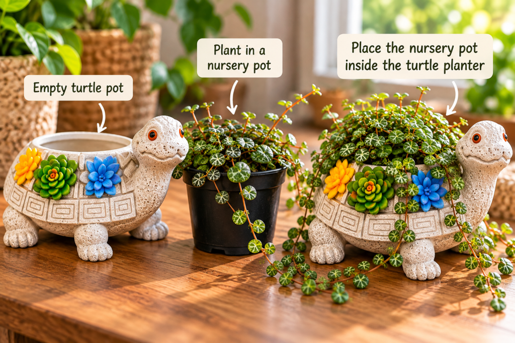 Three-step visual showing an empty decorative turtle planter, a String of Turtles plant in a nursery pot with drainage holes, and the nursery pot placed inside the turtle planter.